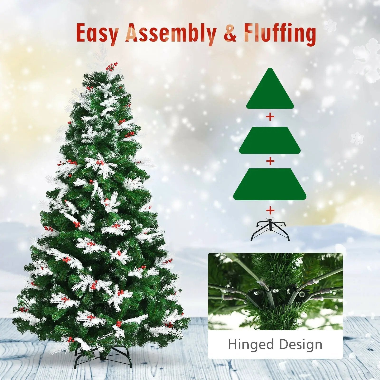 Unlit Snowy Hinged Christmas Tree with Mixed Tips and Red Berries by DirectDeals