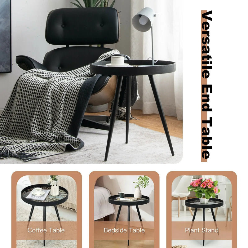 Modern Round End Table with Wooden Tray Top for Living Room Bedroom-Black by DirectDeals