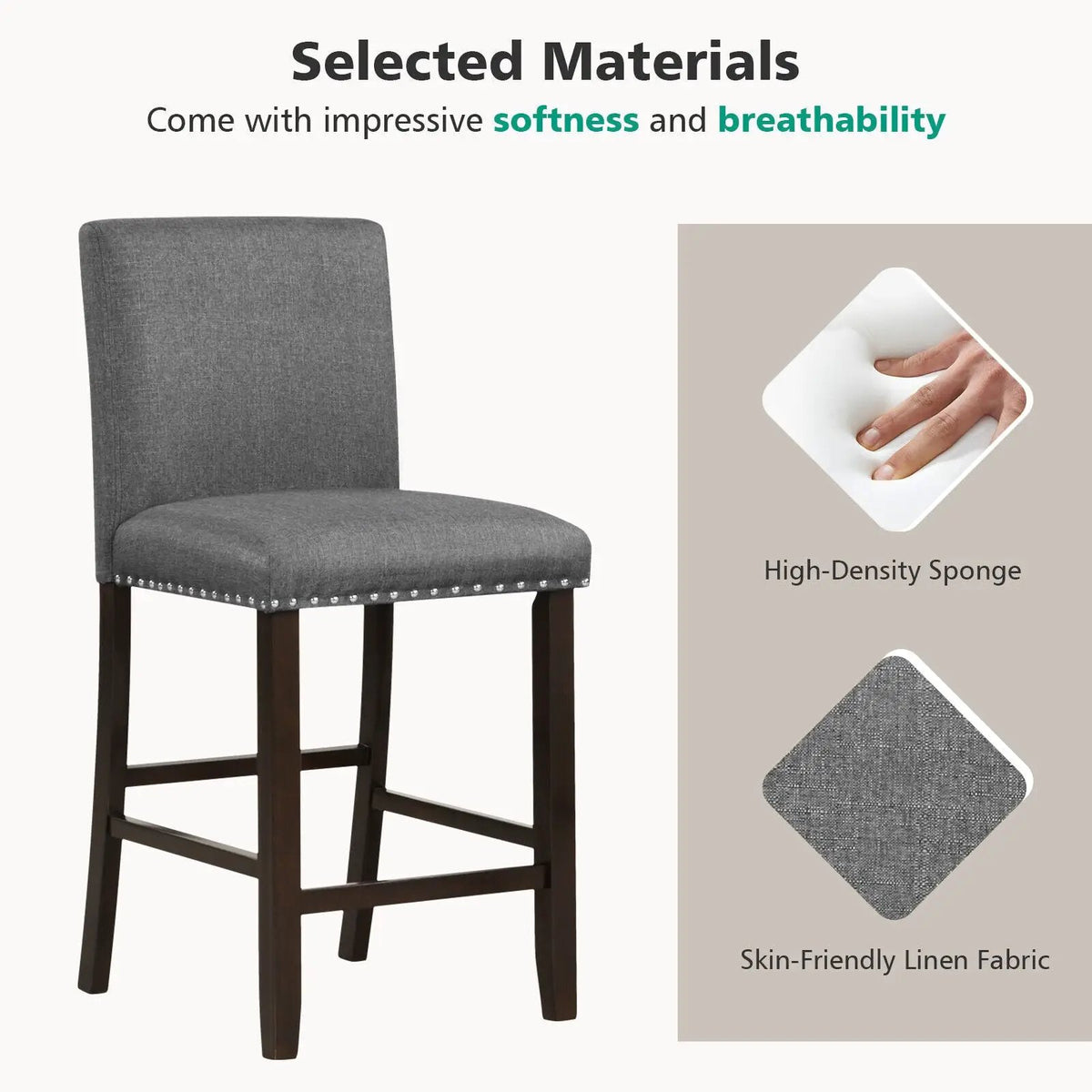 Set of 2 Linen Fabric Bar Stools with Back for Kitchen Island, photo 11 of 16