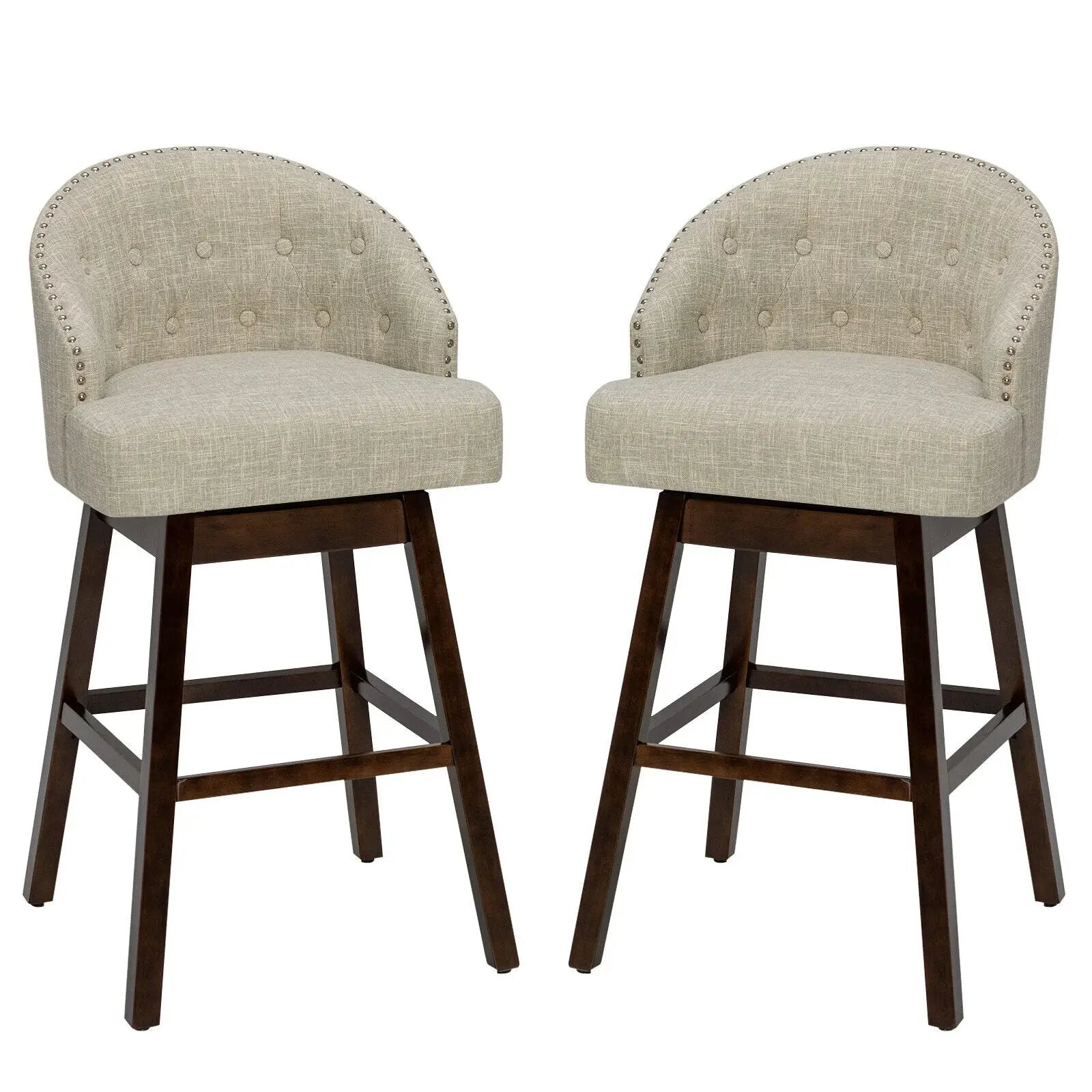 Set of 2 Swivel Bar Stools with Rubber Wood Legs and Padded Back by DirectDeals