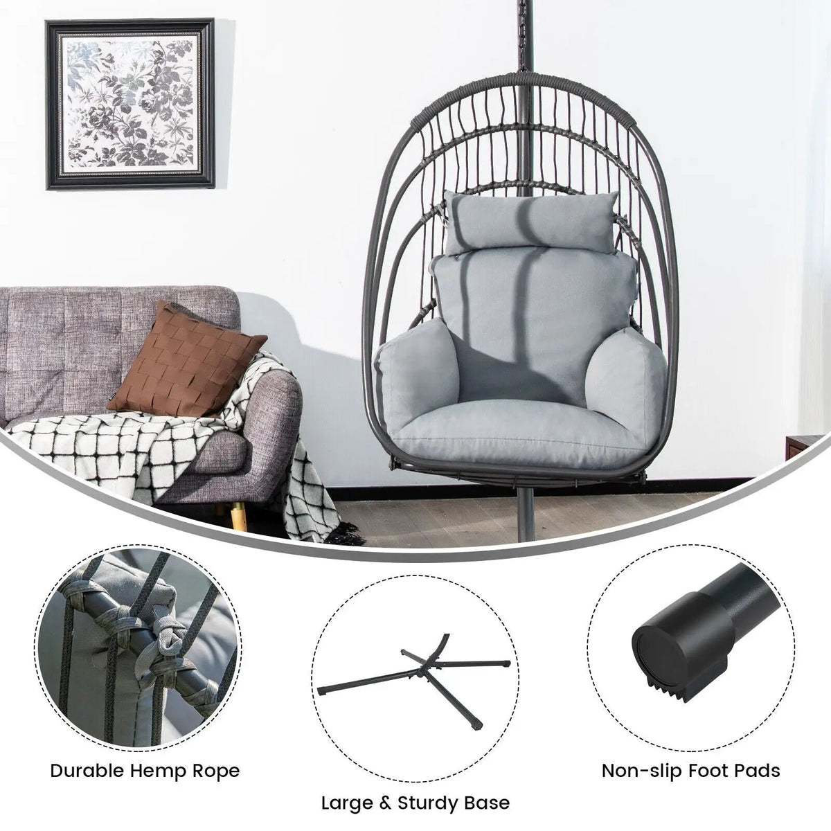 Hanging Folding Egg Chair with Stand Soft Cushion Pillow Swing Hammock, photo 4 of 24