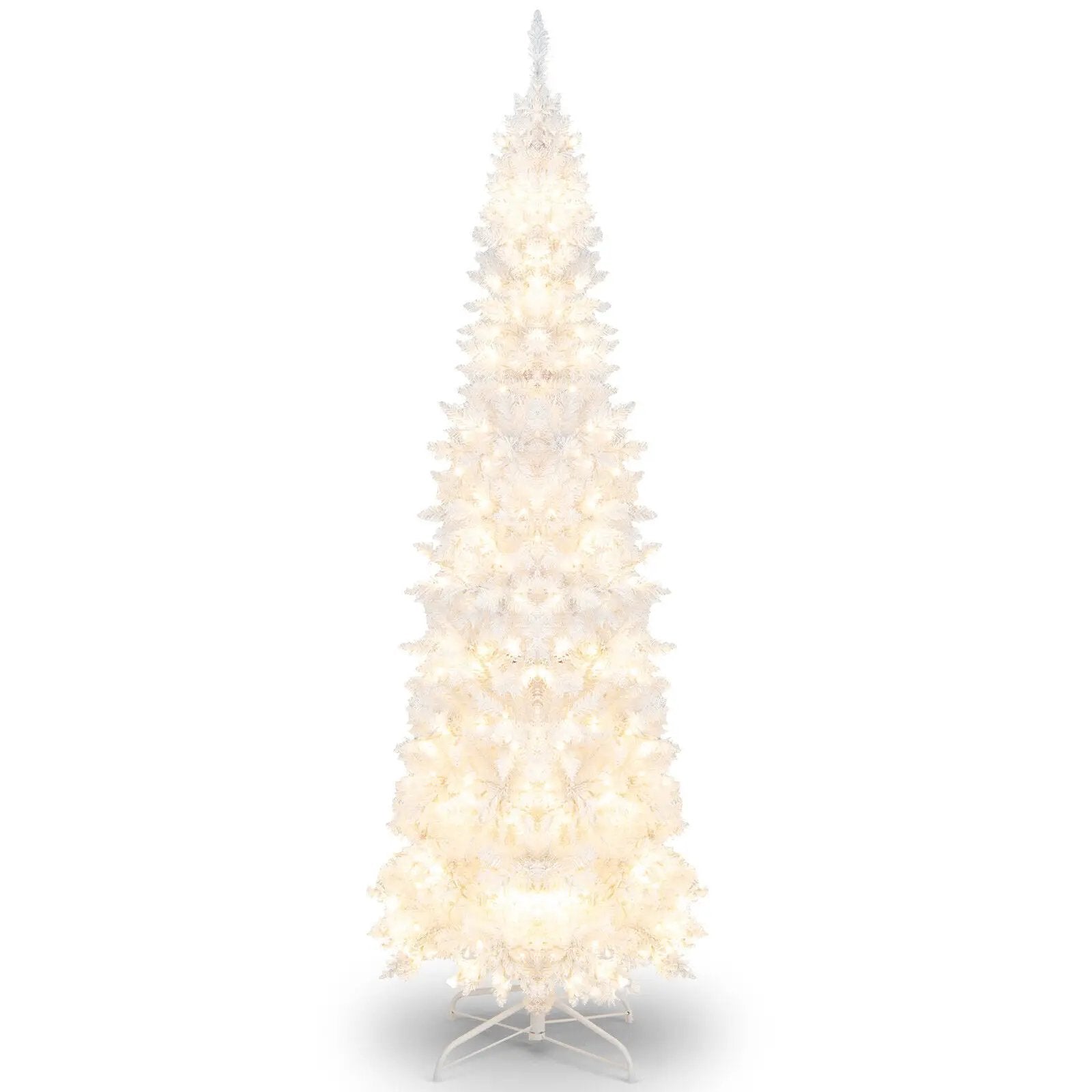 7 Feet Pre-Lit Hinged Pencil Christmas Tree White with 300 LED Lights and 8 Flash Modes by DirectDeals