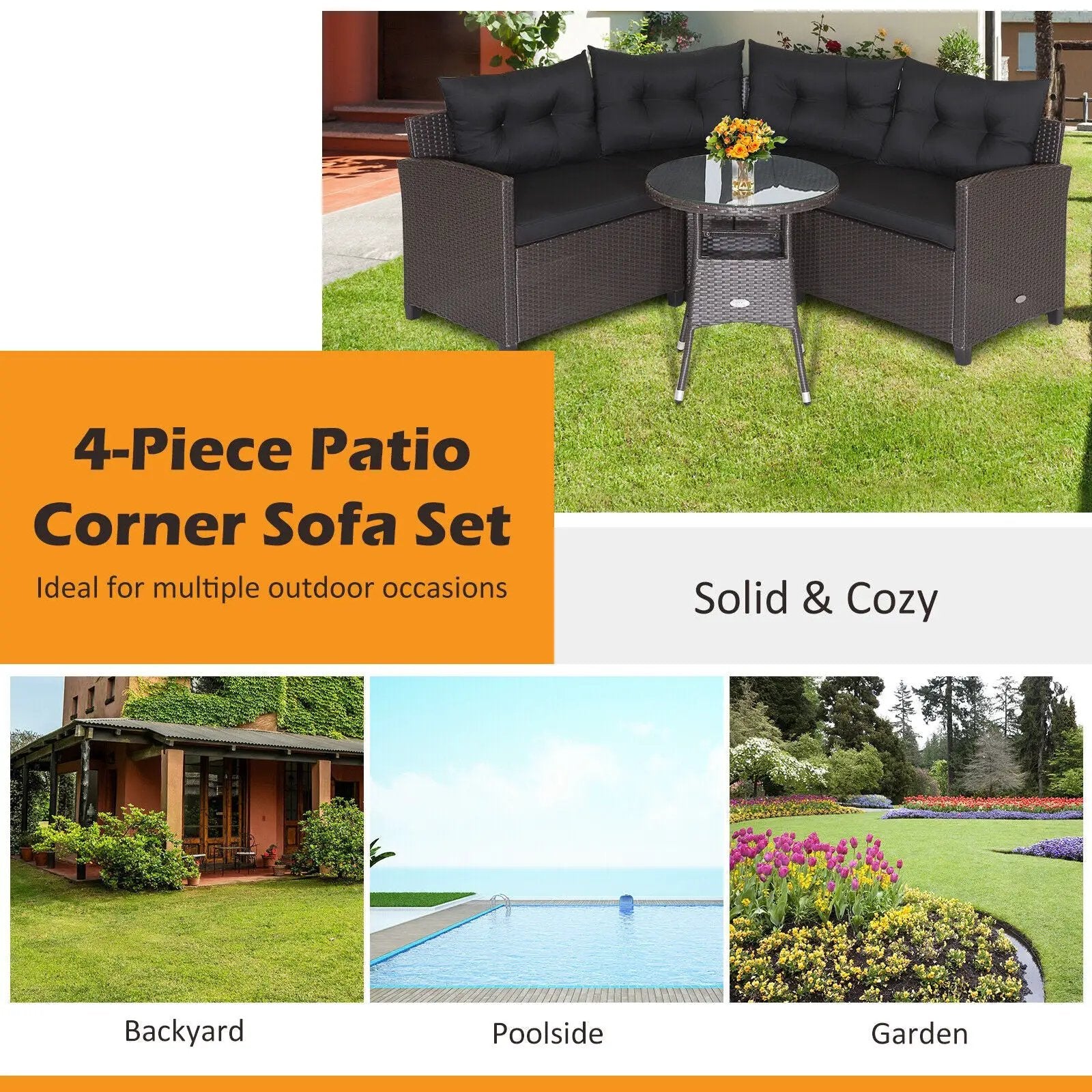 4 Pieces Patio Rattan Furniture Set Cushioned Sofa Glass Table by DirectDeals