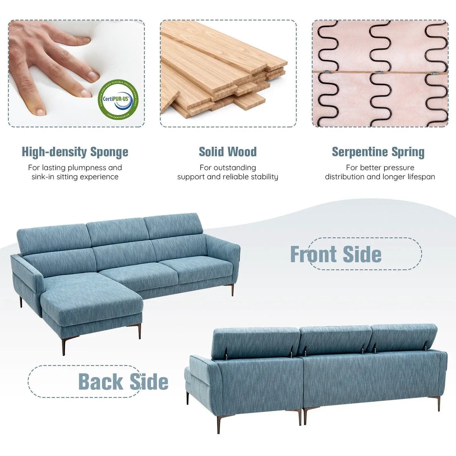 105 Inch L-Shaped Sofa Couch with 3 Adjustable Headrests-Blue by DirectDeals