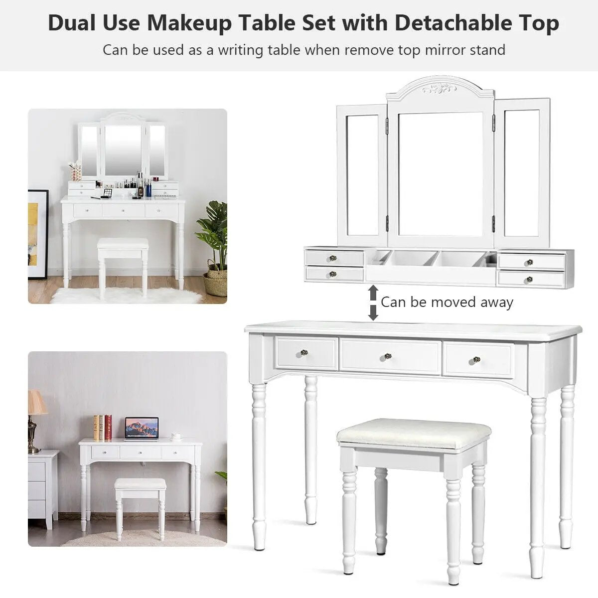 Makeup Dressing Table with Tri-Folding Mirror and Cushioned Stool for Women by DirectDeals