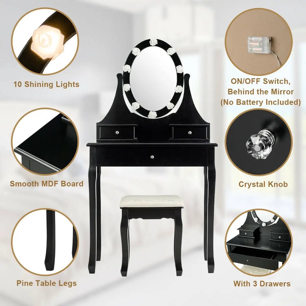 3 Drawers Lighted Mirror Vanity Dressing Table Stool Set, photo 7 of 9