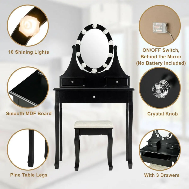 3 Drawers Lighted Mirror Vanity Dressing Table Stool Set by DirectDeals