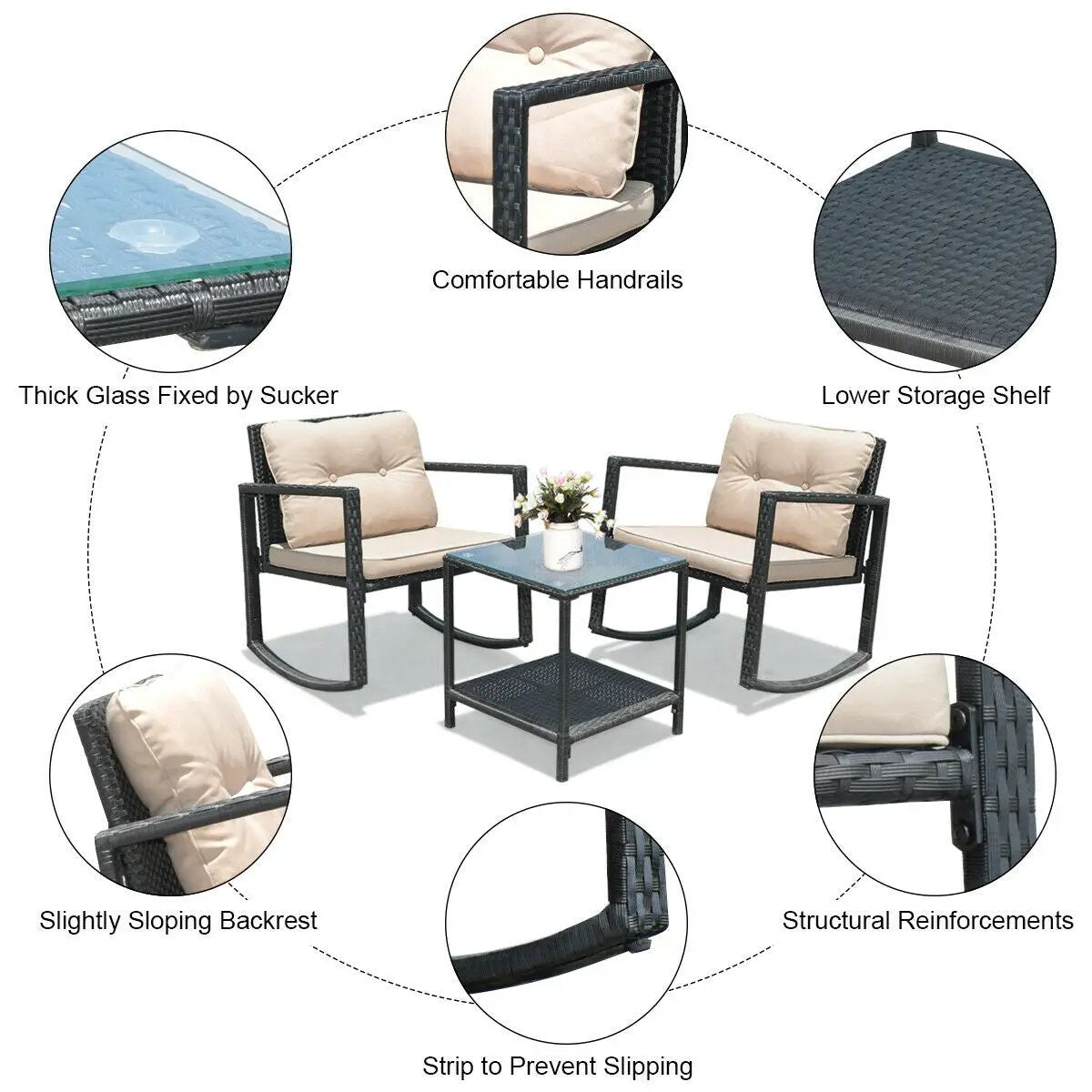 3 Pieces Cushioned Patio Rattan Set with Rocking Chair and Table-Black, photo 7 of 13