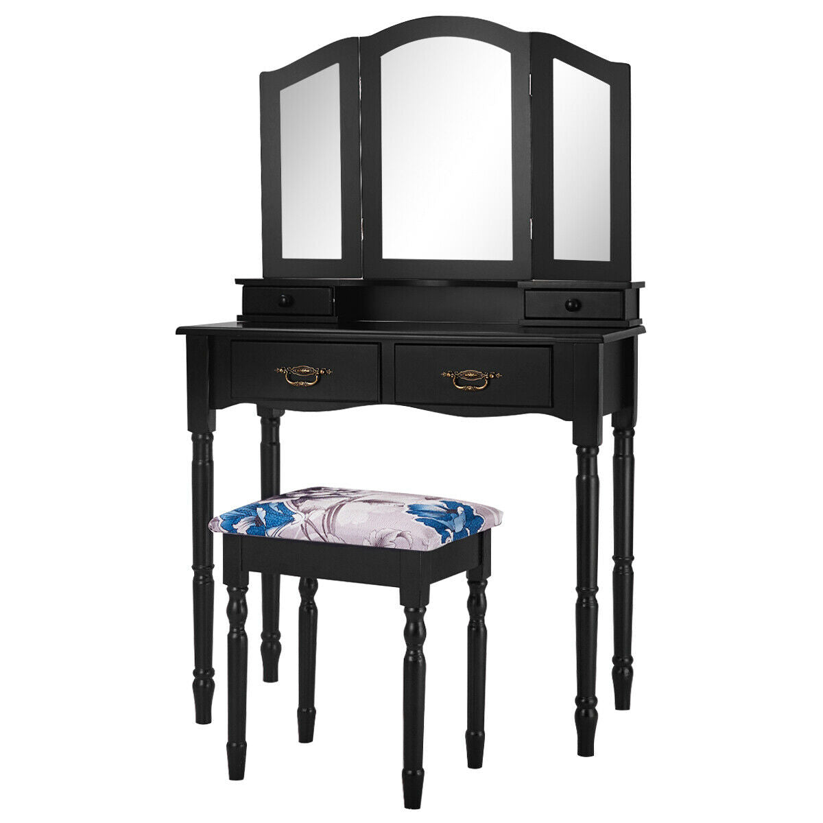 Simple Vanity Set with Tri-Folding Mirror Drawers and Storage Shelf, photo 4 of 9