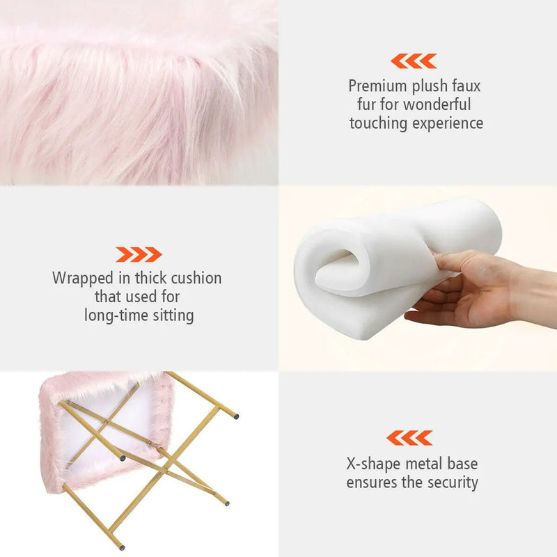 Faux Fur Ottoman Decorative Stool with Metal Legs by DirectDeals