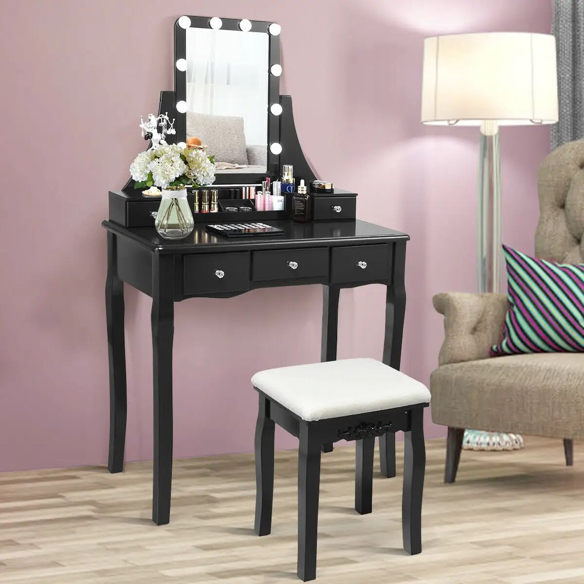 10 Dimmable Light Bulbs Vanity Dressing Table with 2 Dividers and Cushioned Stool by DirectDeals