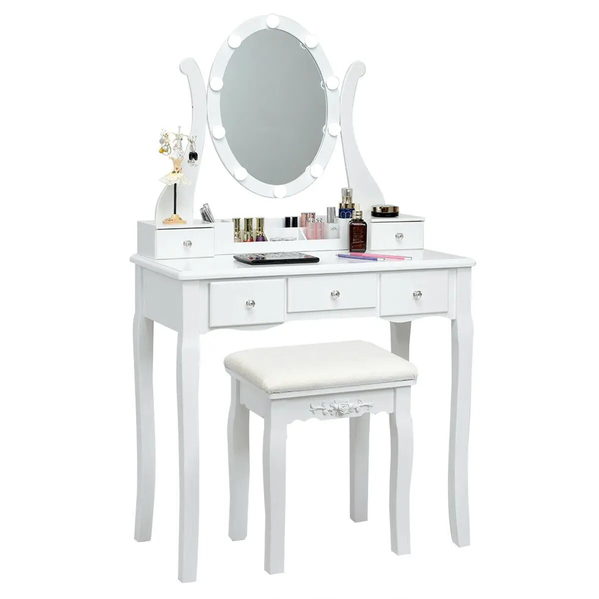 10 Dimmable Lights Vanity Table Set with Lighted Mirror and Cushioned Stool by DirectDeals