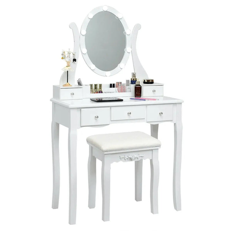 10 Dimmable Lights Vanity Table Set with Lighted Mirror and Cushioned Stool by DirectDeals