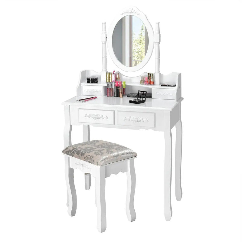 Vanity Table Set with Oval Mirror and 4 Drawers-White by DirectDeals