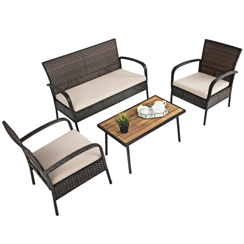 4 Pieces Patio Cushioned Wicker Conversation Set with Acacia Wood Tabletop by DirectDeals
