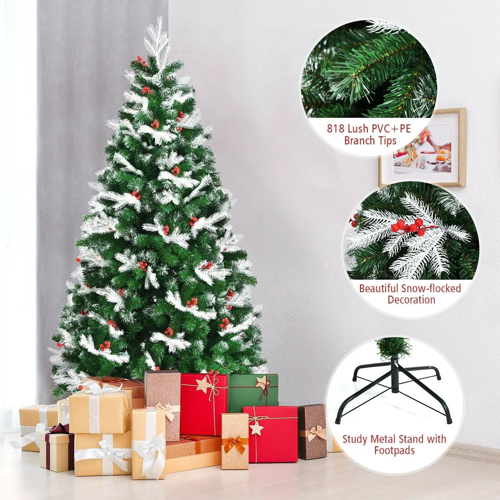 Unlit Snowy Hinged Christmas Tree with Mixed Tips and Red Berries by DirectDeals