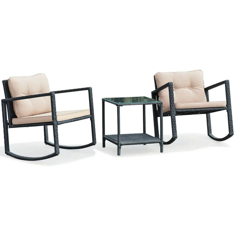 3 Pieces Cushioned Patio Rattan Set with Rocking Chair and Table-Black by DirectDeals