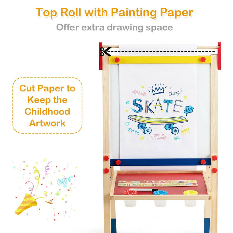 All-in-One Wooden Height Adjustable Kid's Art Easel with Magnetic Stickers and Paper by DirectDeals