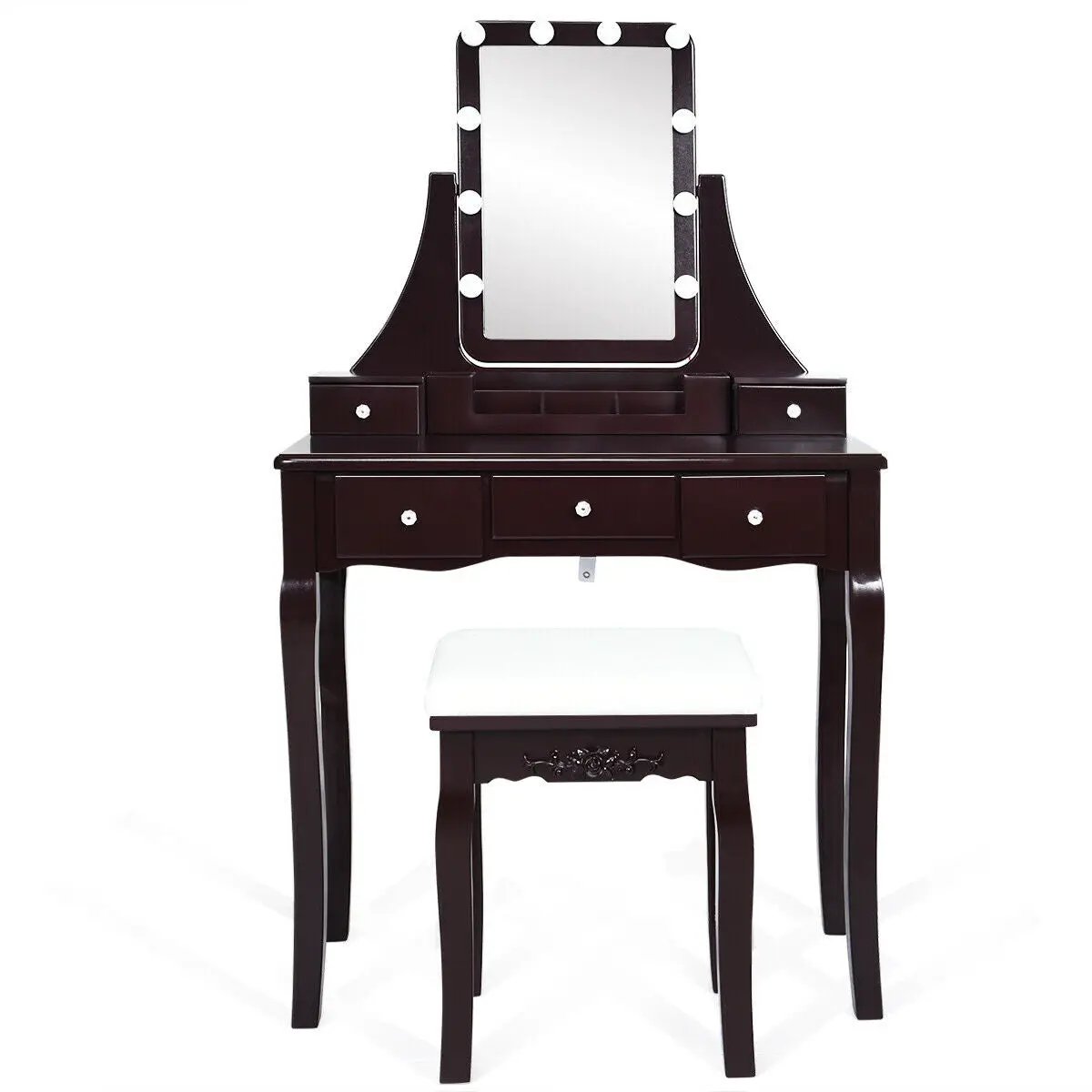 10 Dimmable Light Bulbs Vanity Dressing Table with 2 Dividers and Cushioned Stool by DirectDeals