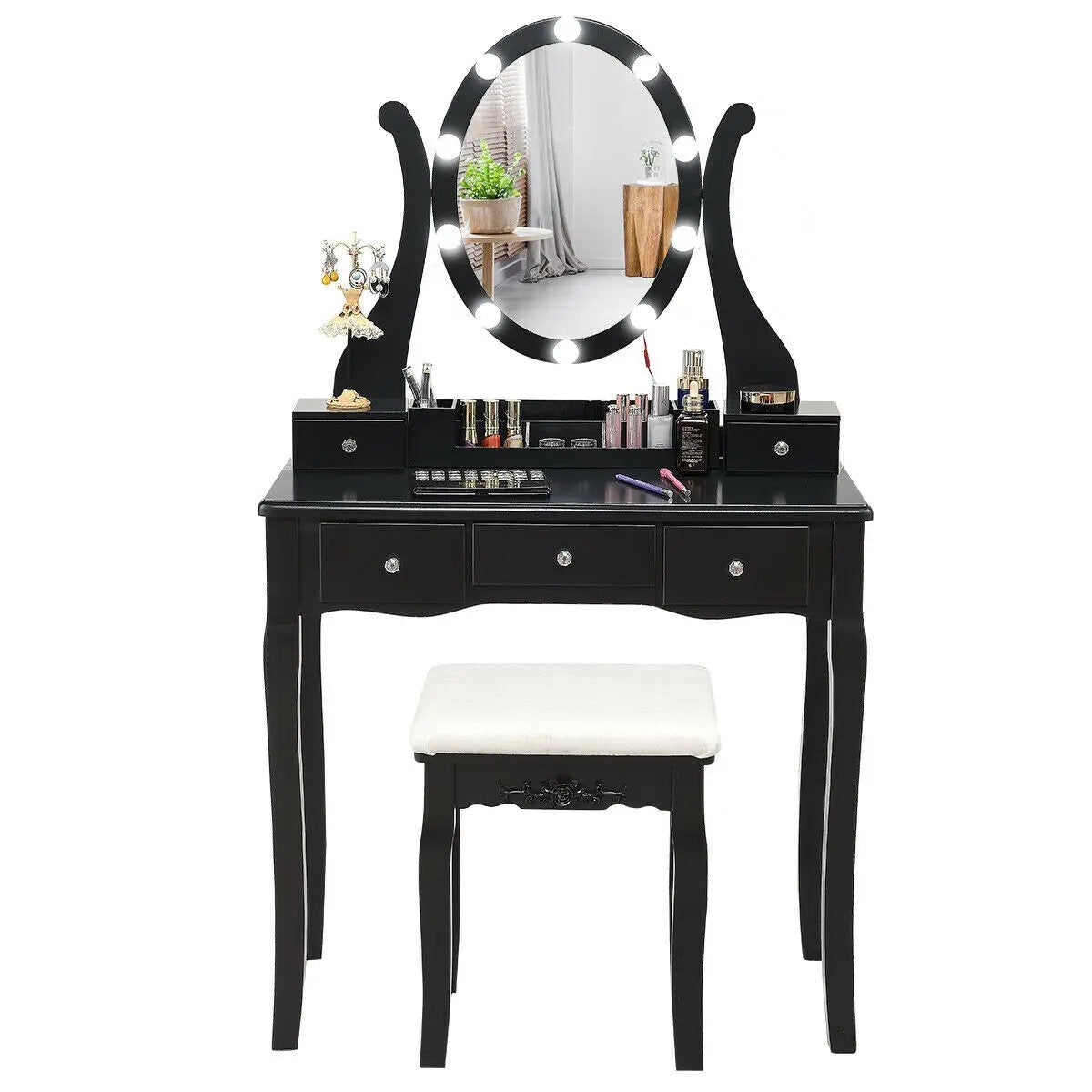 10 Dimmable Lights Vanity Table Set with Lighted Mirror and Cushioned Stool by DirectDeals