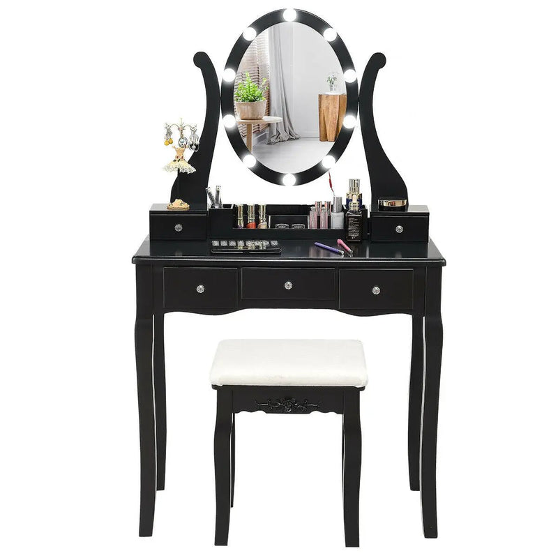 10 Dimmable Lights Vanity Table Set with Lighted Mirror and Cushioned Stool by DirectDeals