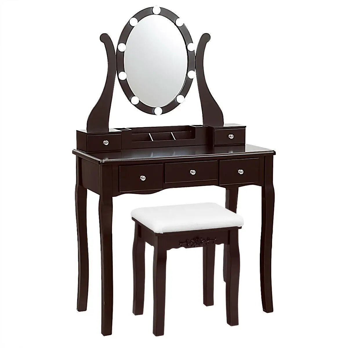 10 Dimmable Lights Vanity Table Set with Lighted Mirror and Cushioned Stool, photo 9 of 10