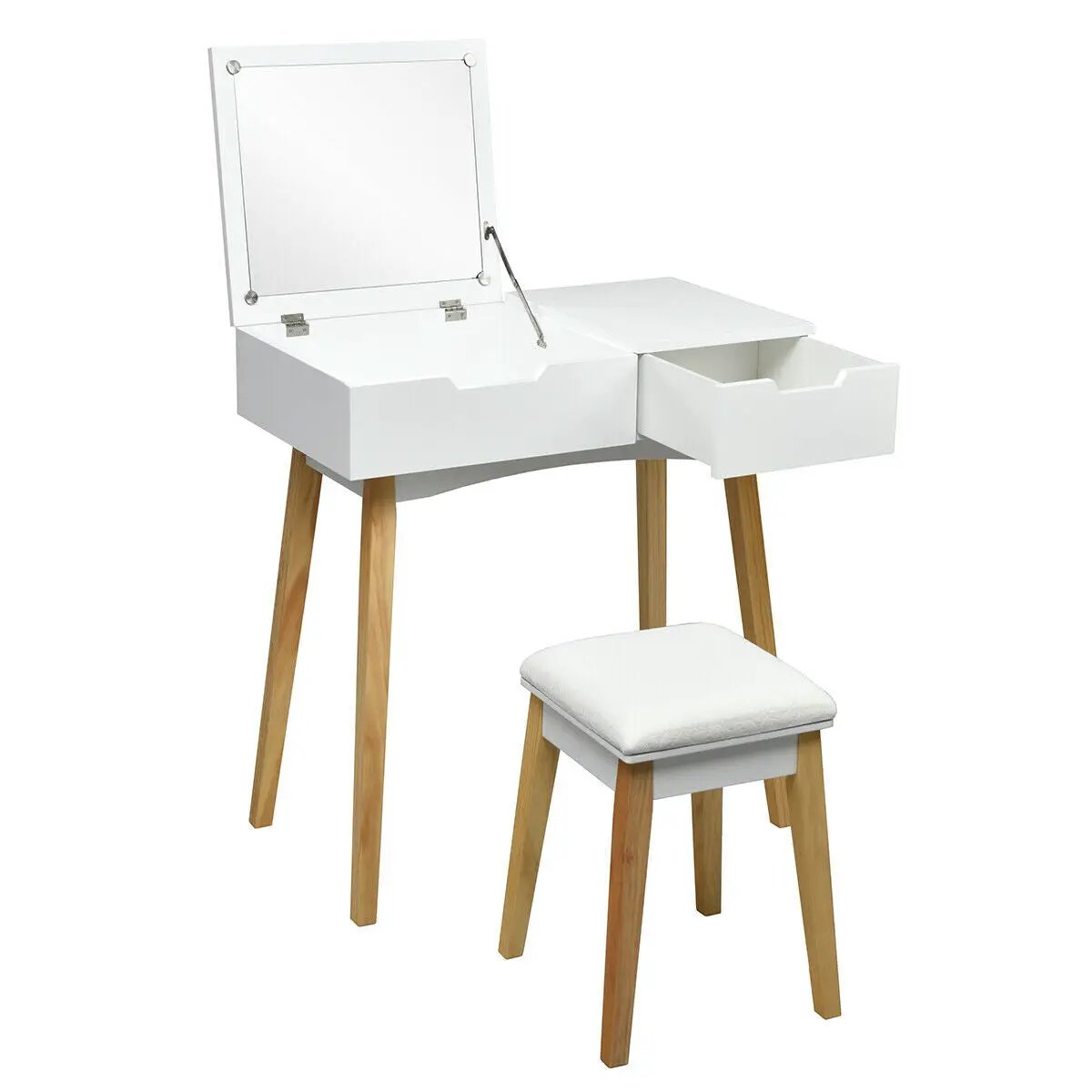 Wooden Vanity Table with Flip Top Mirror and Cushioned Stool by DirectDeals