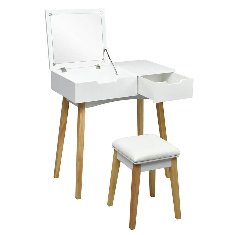 Wooden Vanity Table with Flip Top Mirror and Cushioned Stool by DirectDeals