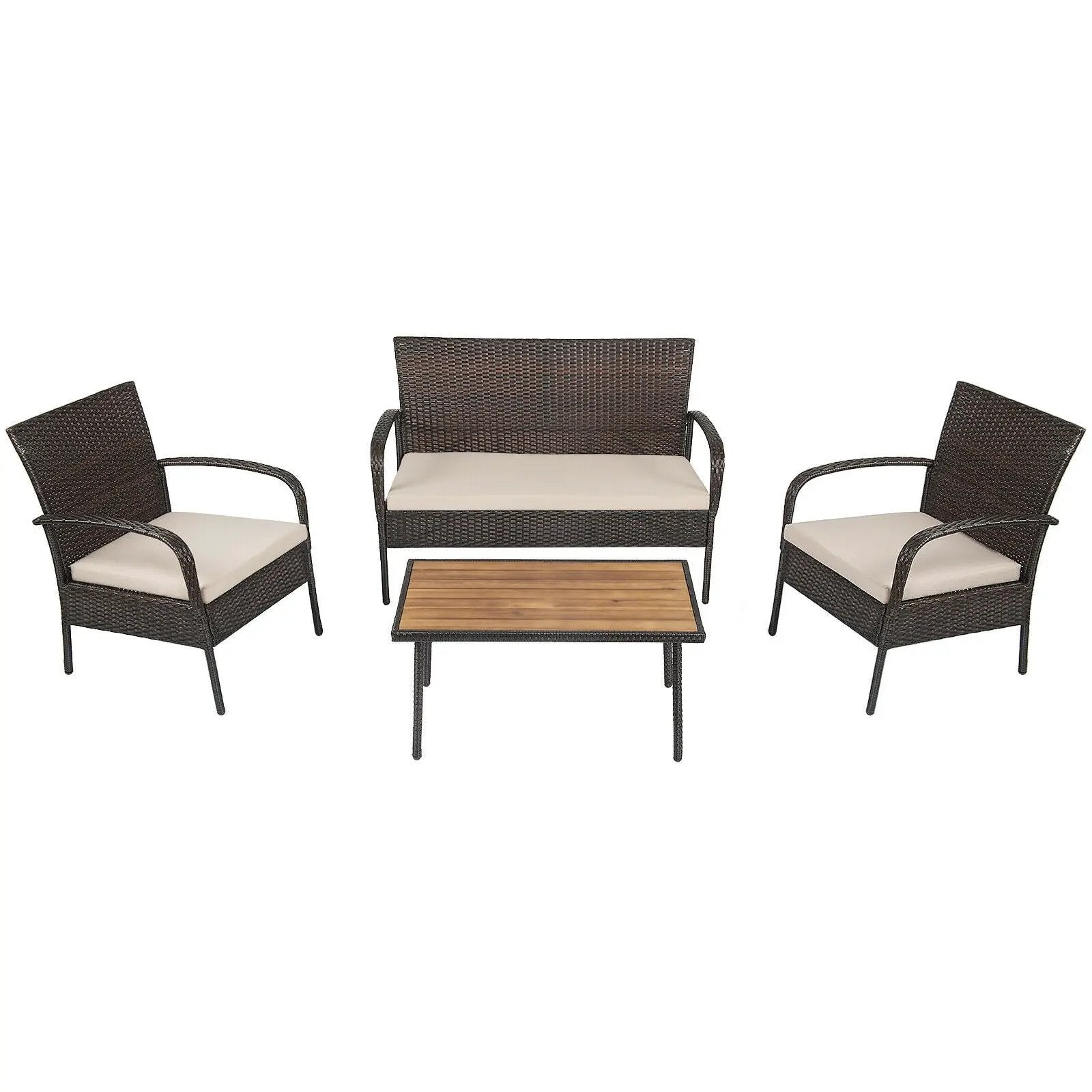 4 Pieces Patio Cushioned Wicker Conversation Set with Acacia Wood Tabletop by DirectDeals