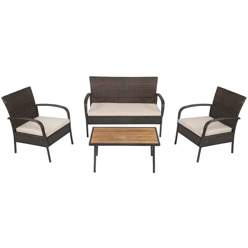4 Pieces Patio Cushioned Wicker Conversation Set with Acacia Wood Tabletop by DirectDeals