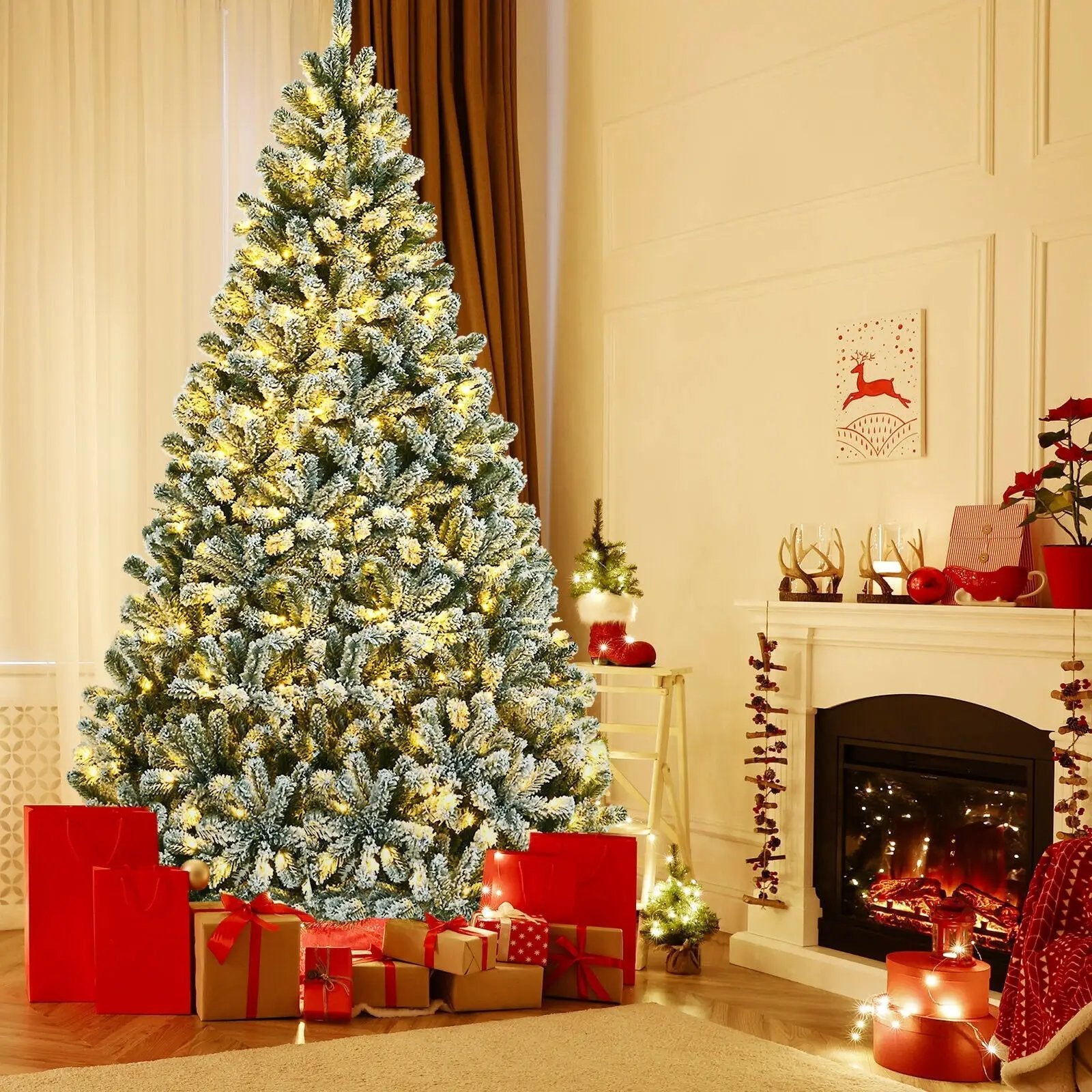 6 Feet Pre-lit Snow Flocked Hinged Christmas Tree with 928 Tips and Metal Stand by DirectDeals