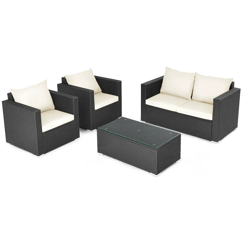 4 Pieces Patio Rattan Conversation Set with Cushions and Coffee Table-Black by DirectDeals