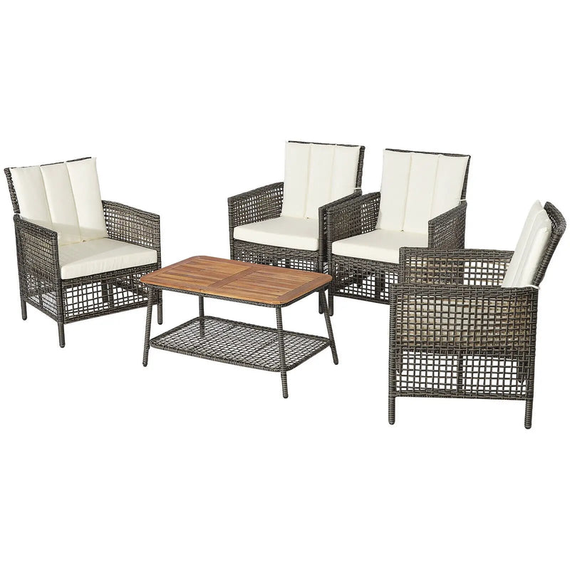 5 Pieces Patio Rattan Furniture Set Cushioned Sofa Armrest Wooden Tabletop-Off White by DirectDeals