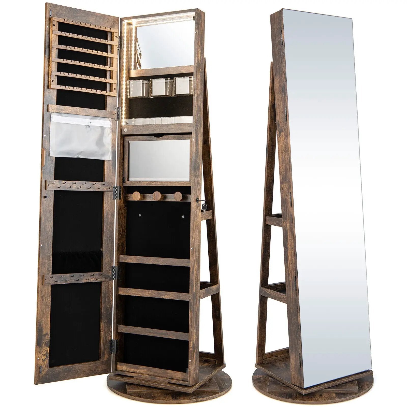 360° Rotating Mirrored Jewelry Cabinet Armoire 3 Color LED Modes Lockable by DirectDeals
