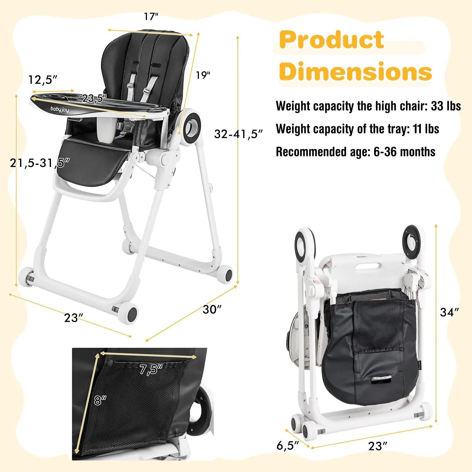 Baby High Chair Foldable Feeding Chair with 4 Lockable Wheels by DirectDeals