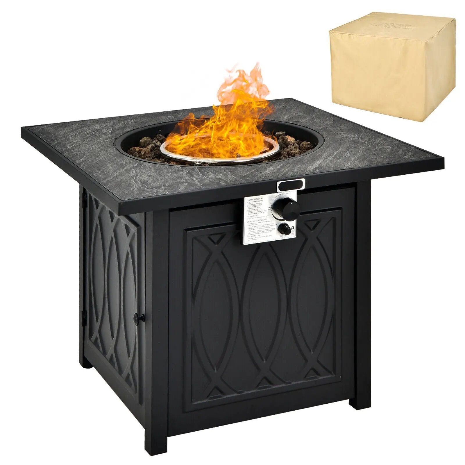 32 Inch Propane Fire Pit Table Square Tabletop with Lava Rocks Cover 50000 BTU-Black by DirectDeals