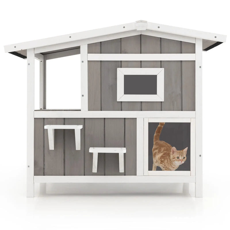 Outdoor 2-Story Wooden Feral Cat House with Escape Door-Gray by DirectDeals