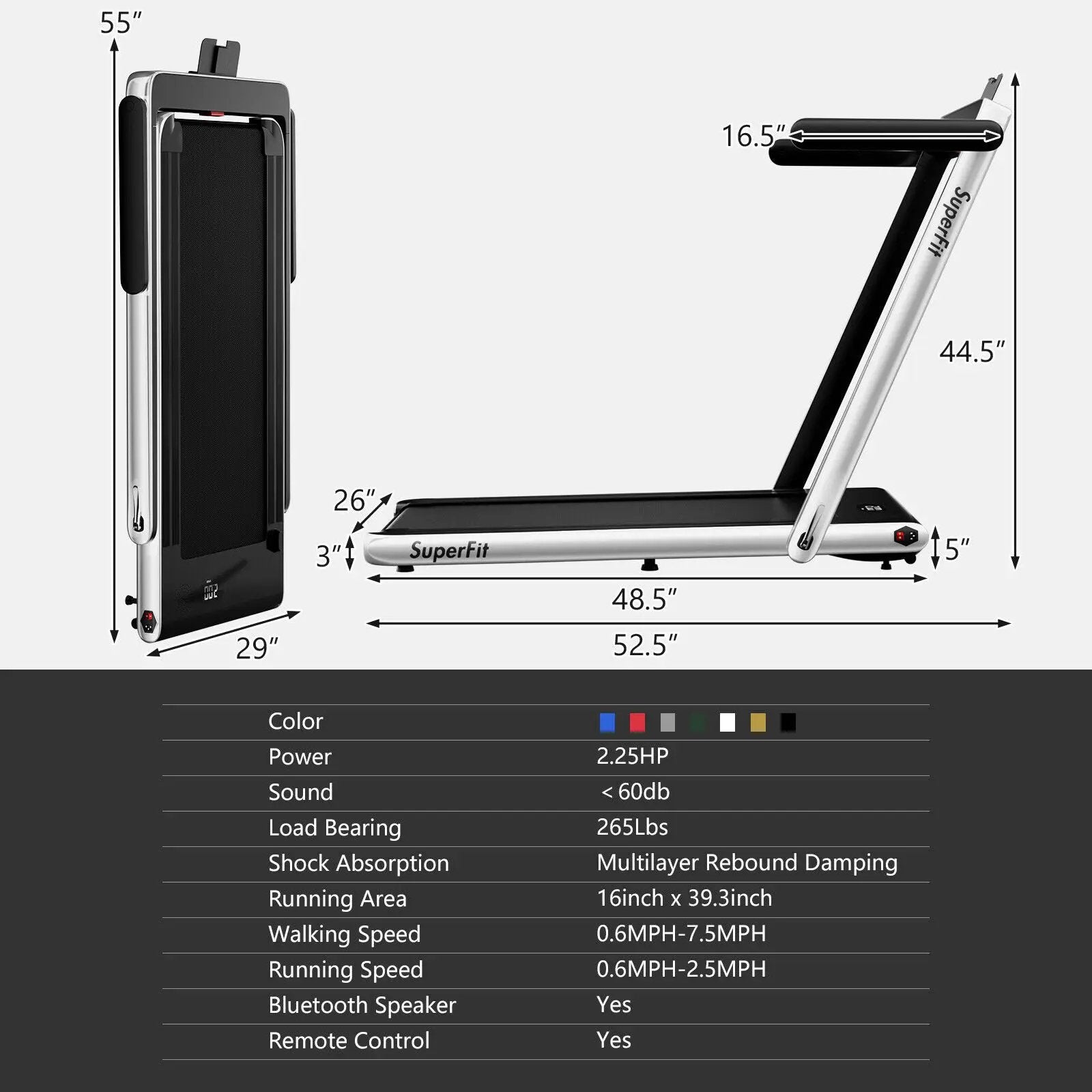 2.25HP 2 in 1 Folding Treadmill with APP Speaker Remote Control by DirectDeals