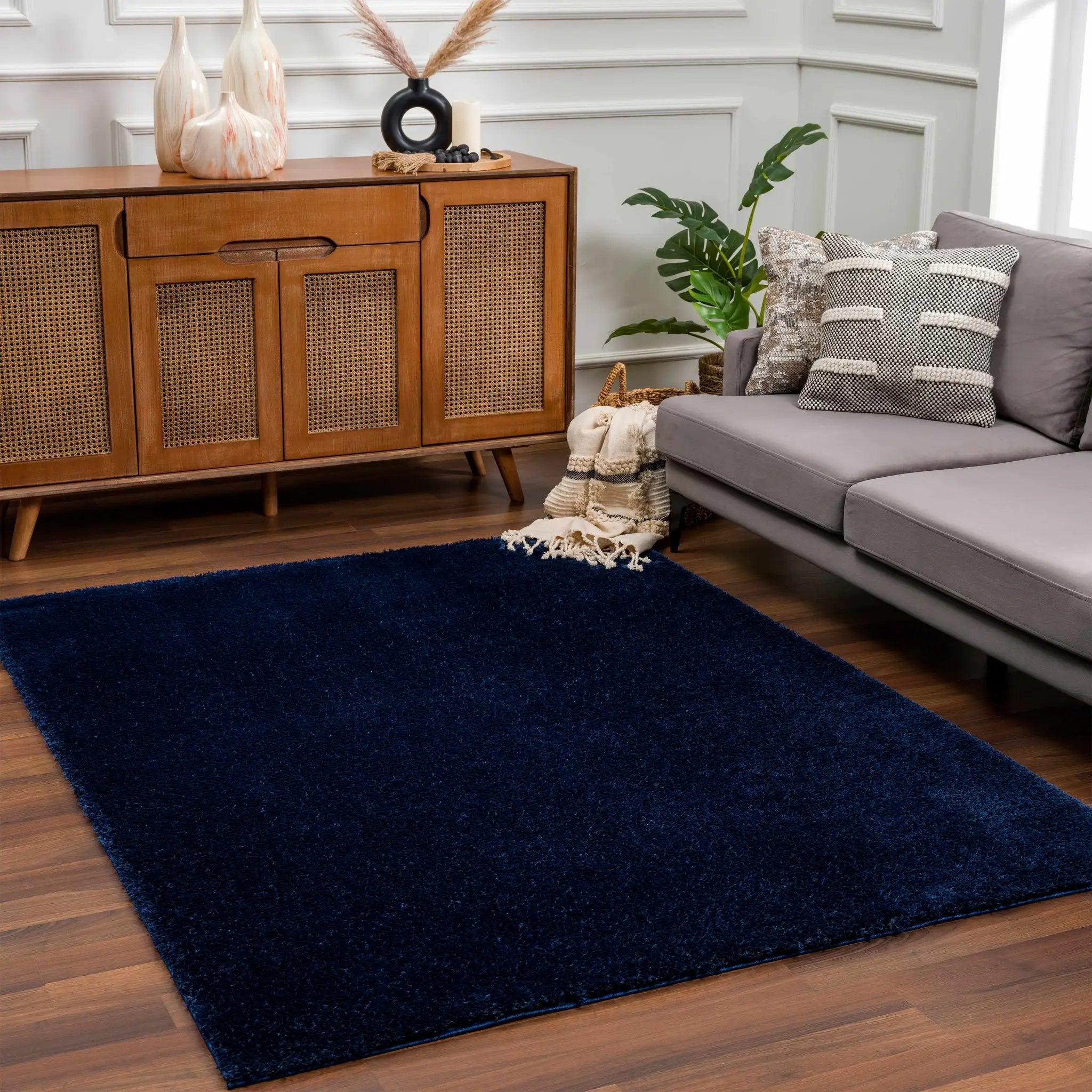 Navero Dark Blue Subtle Wavy Abstract Modern Minimalist Polyester Machine Woven Area Rug - Clearance by Boutique Rugs