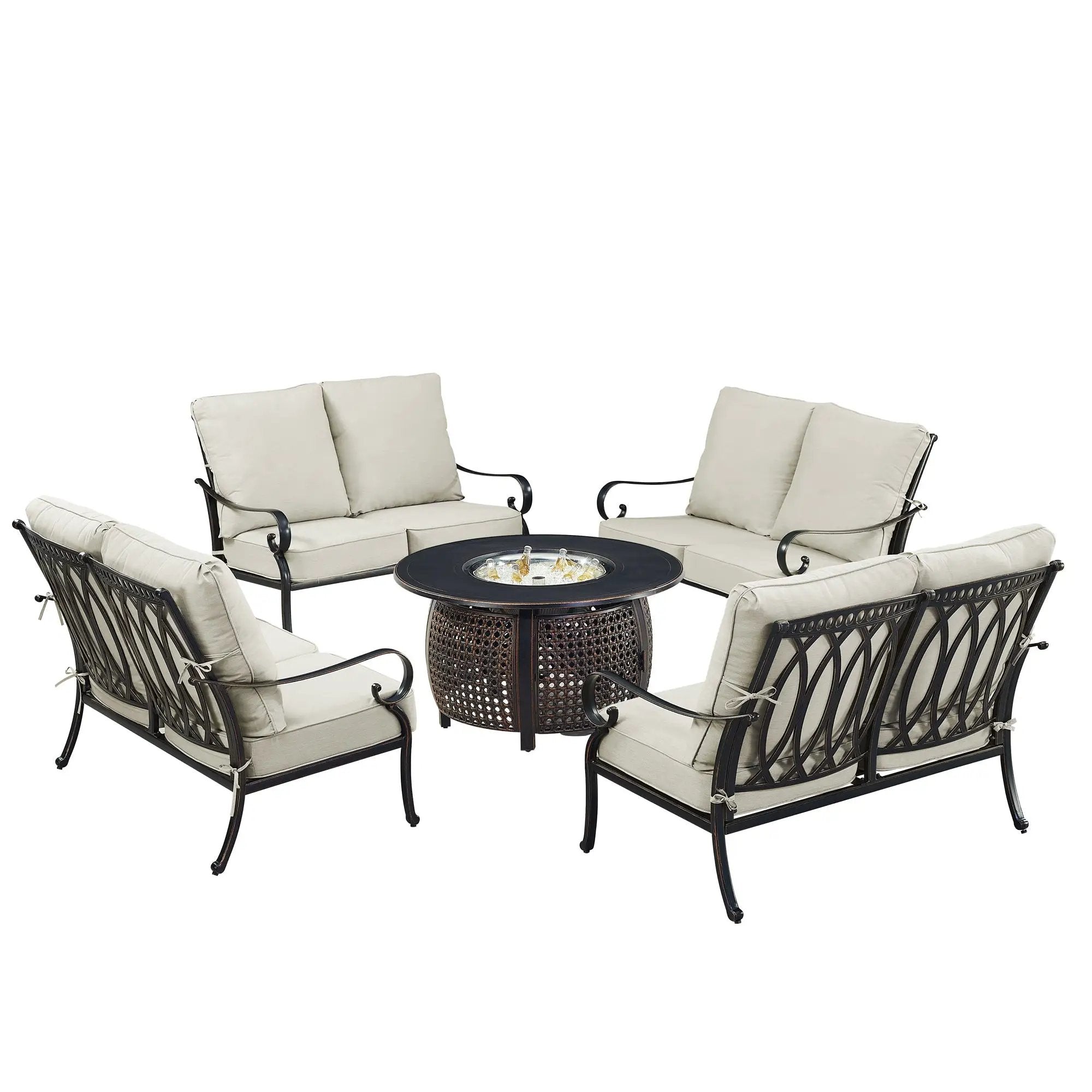 Black Aluminum Fire Table Set with Four Deep Seating Loveseats by Sharicks