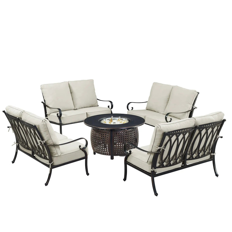 Black Aluminum Fire Table Set with Four Deep Seating Loveseats by Sharicks