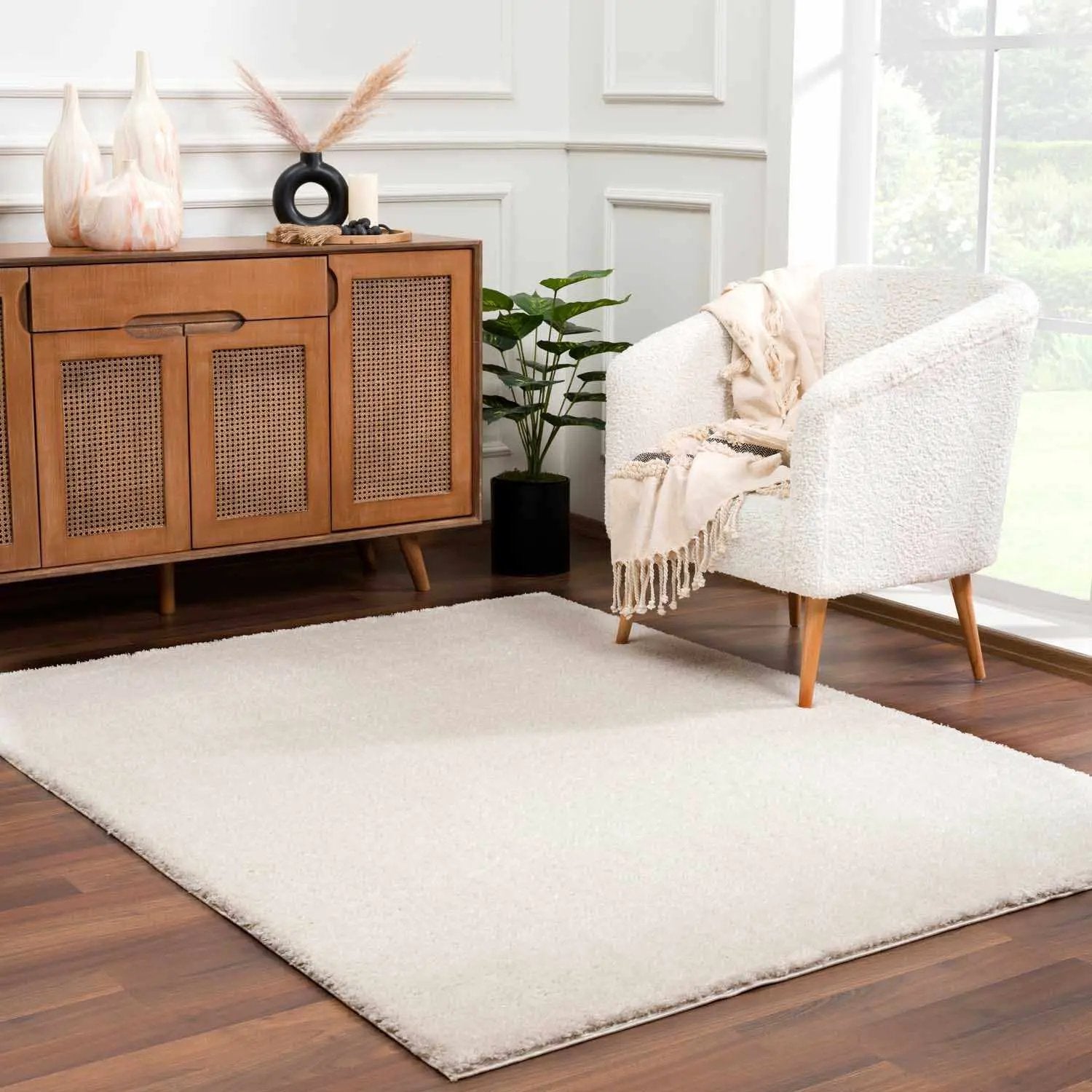 Velora Light Beige Wavy Abstract Modern Minimalist Polyester Machine Woven Area Rug by Boutique Rugs