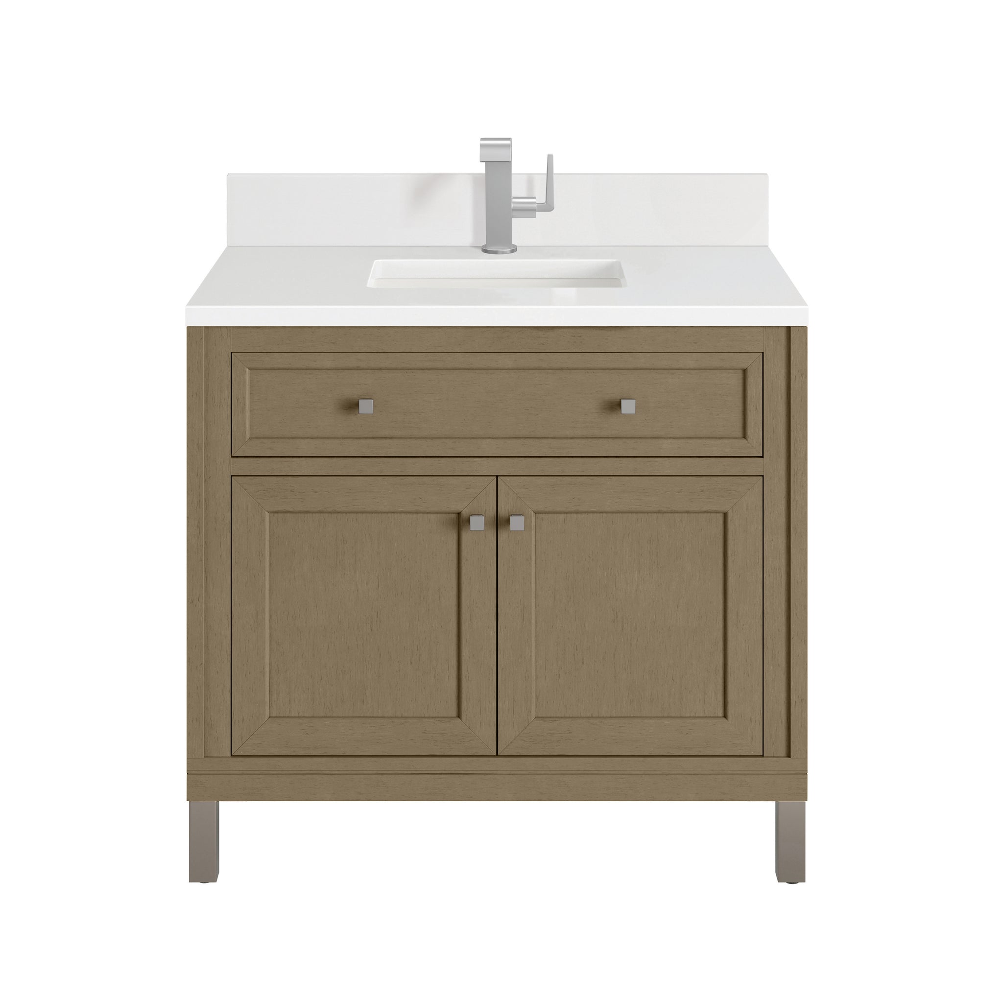 James Martin Chicago 36" Single Bathroom Vanity, Walnut Whisper with White Zeus (Single Hole, with Backsplash) countertop