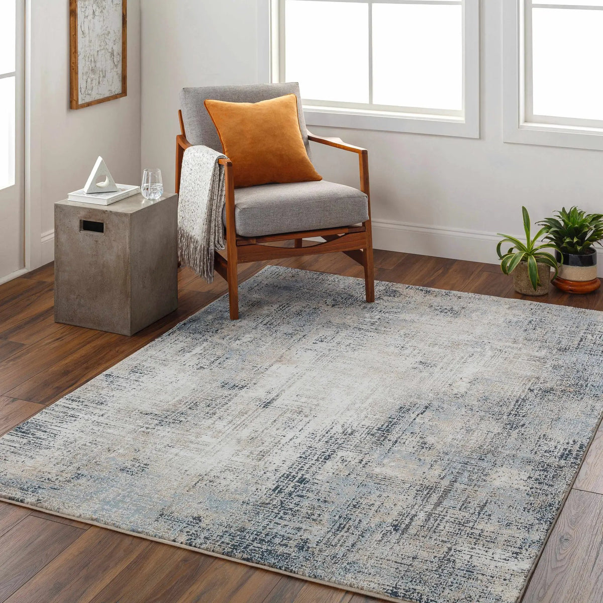 Ervin Blue Area Rug, installed in a room