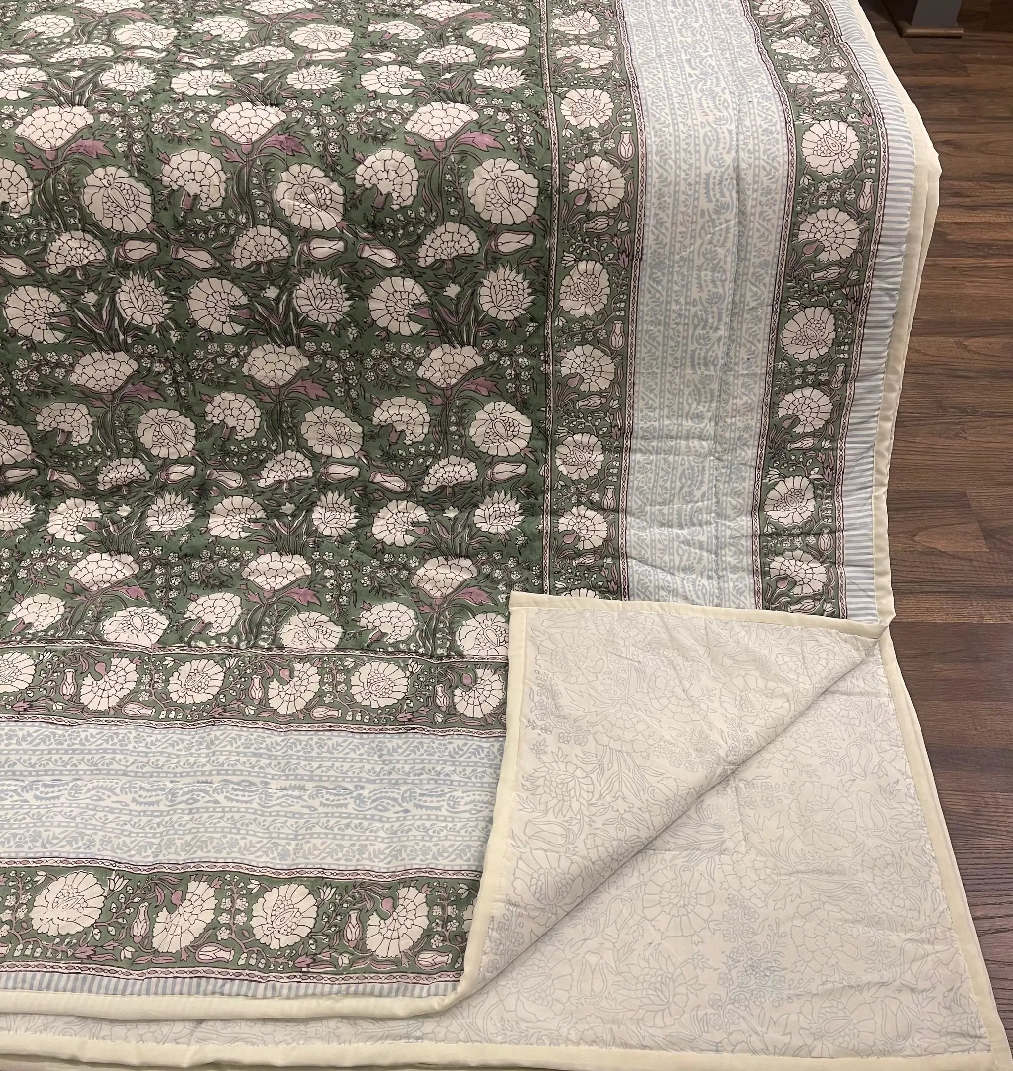 House of Avana Cream & Golden Yellow Rust Floral Jaipur Indian Hand Block Print Quilted Comforter by House Of Avana