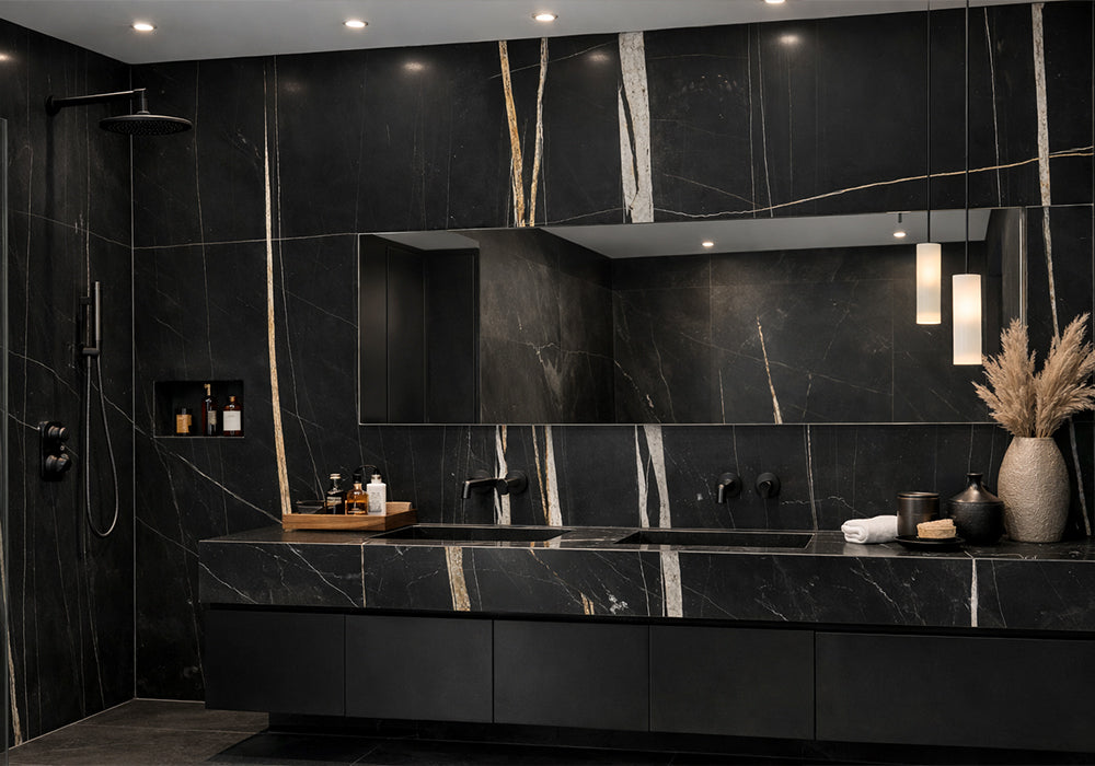 Sahara Noir Honed Marble Slab Random room scene