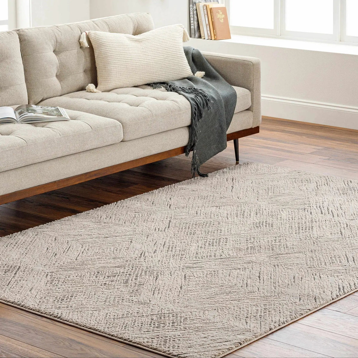 Garza Diamond Textured Washable Rug, installed in a room