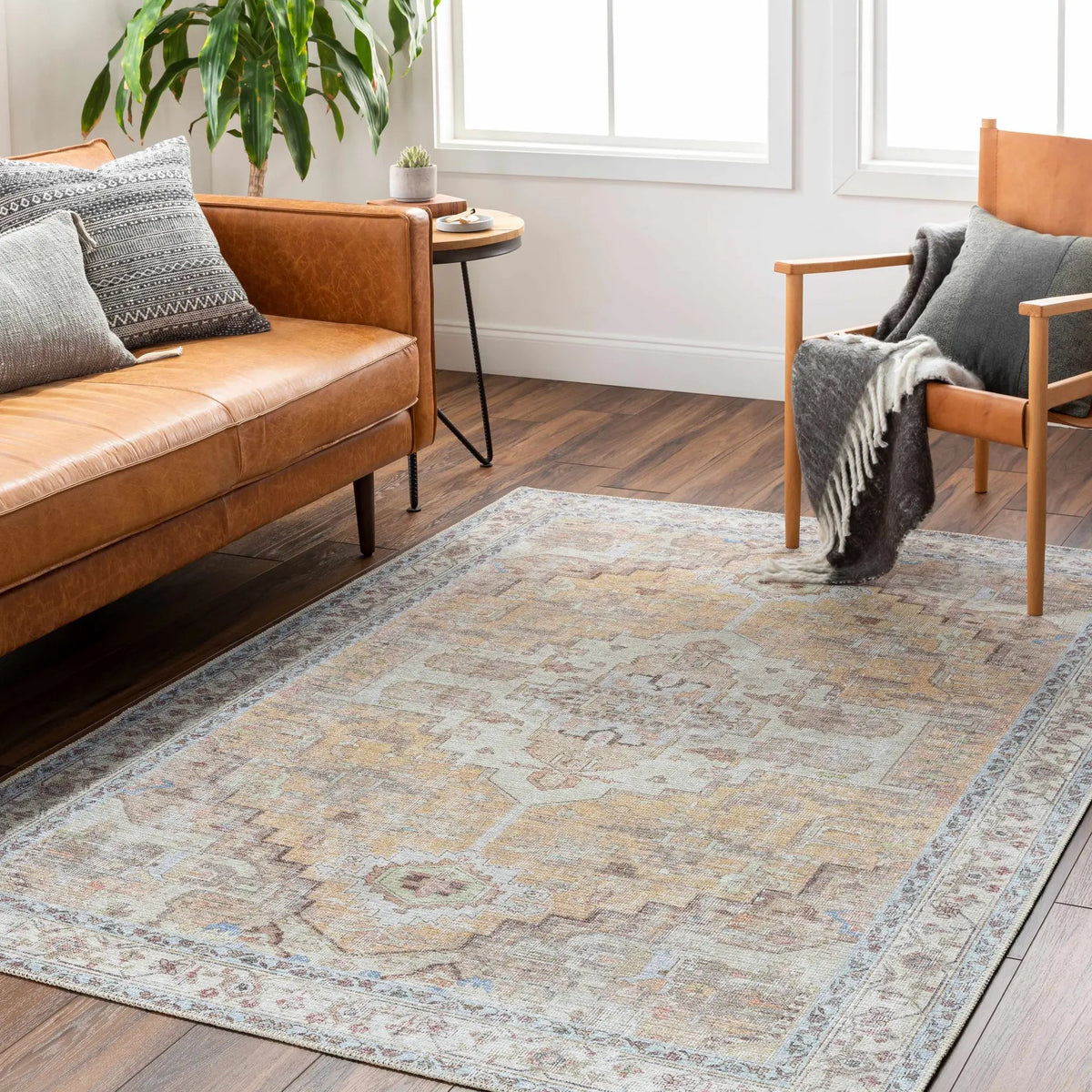 Reza Mustard Washable Rug - Clearance, installed in a room