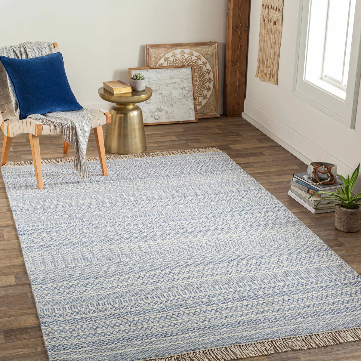 Sanc Blue/Cream Flatweave Wool Rug - Clearance, installed in a room 2