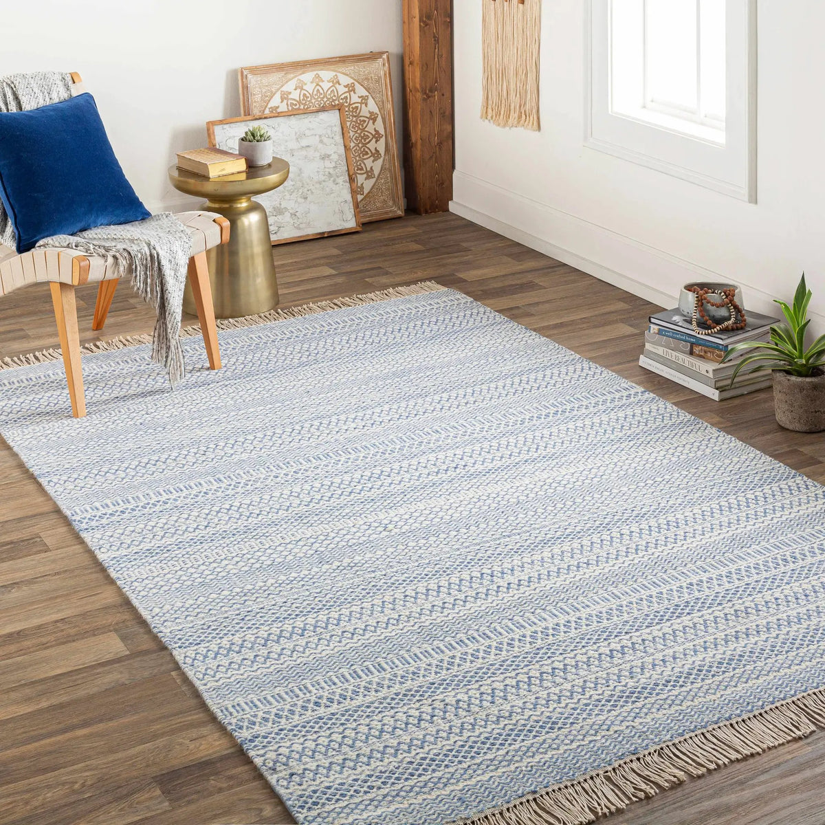 Sanc Blue/Cream Flatweave Wool Rug - Clearance, installed in a room